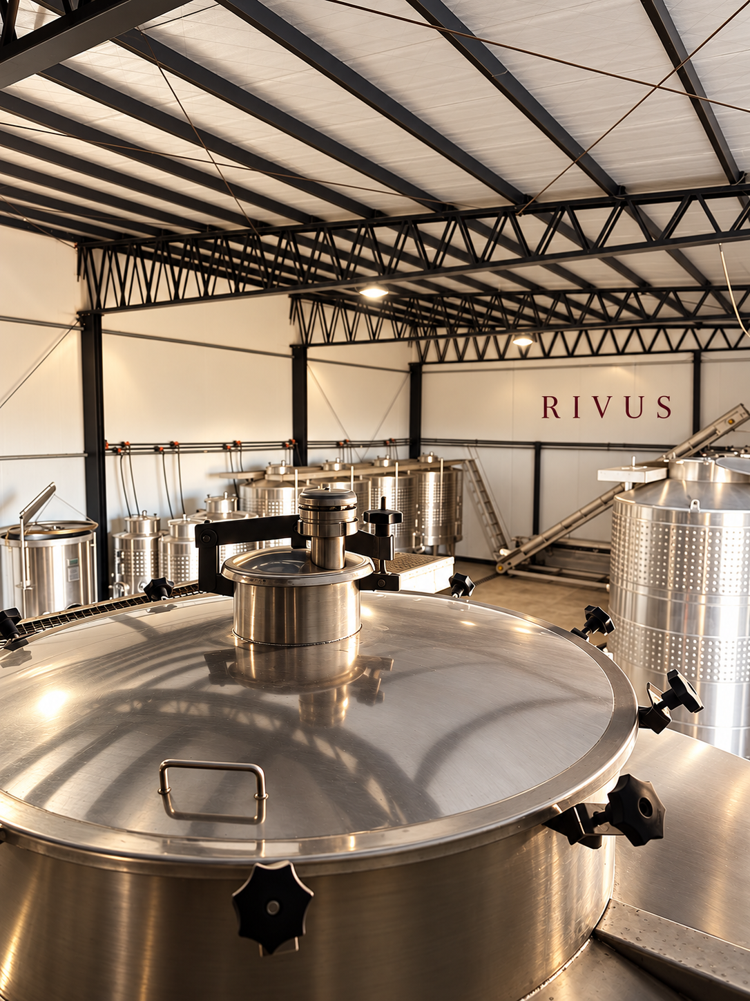 Barrica de roble con el logo de Rivus en la sala de elaboración