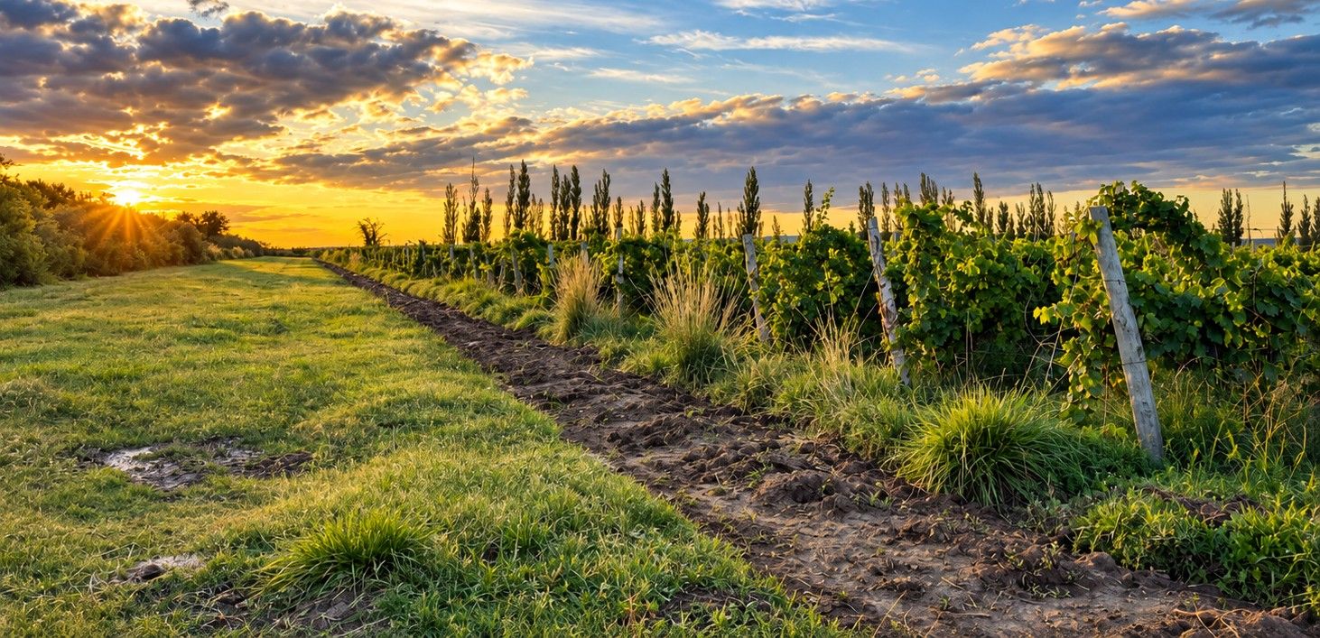 Meseta patagónica y viñedos al atardecer